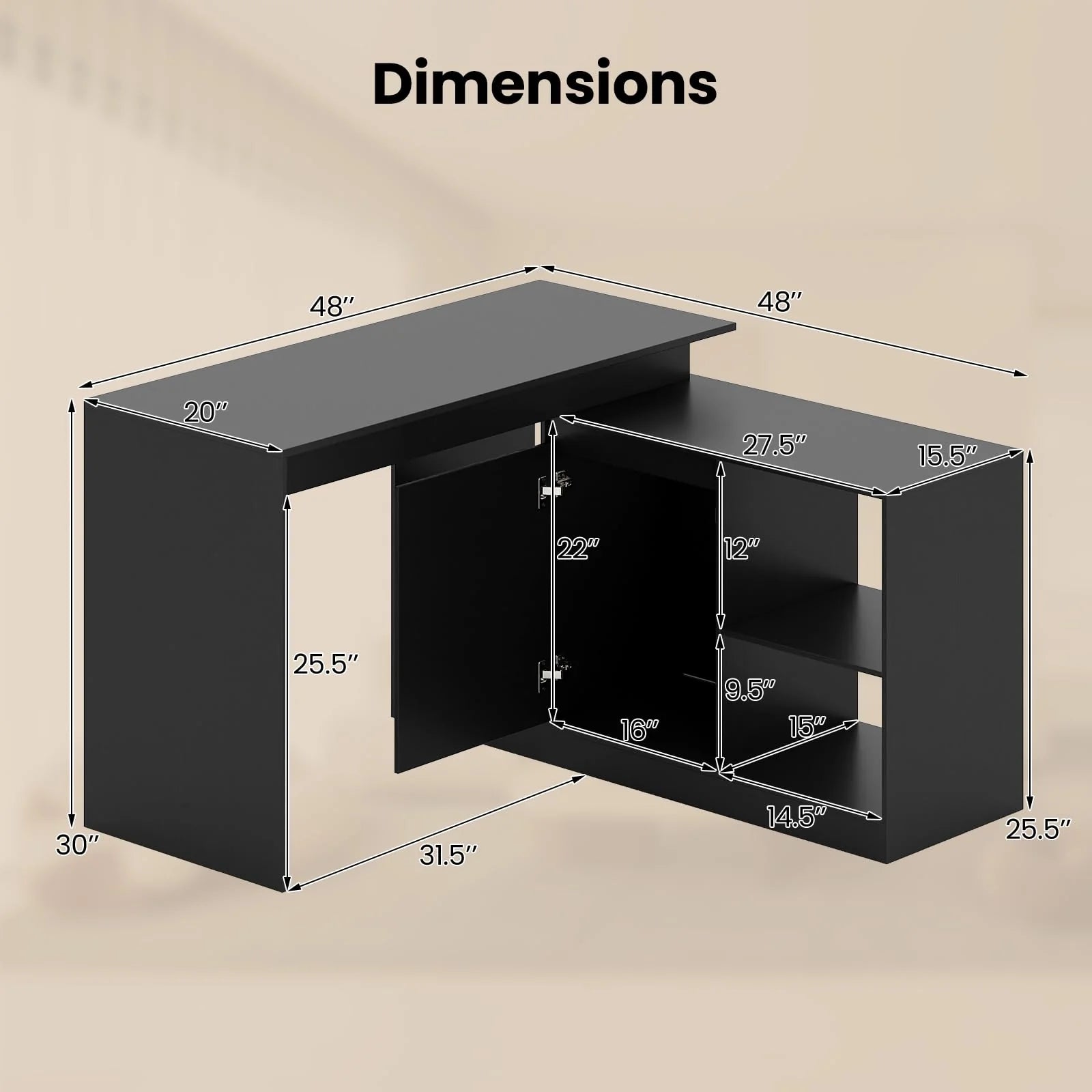 Tangkula L-Shaped 48" Reversible Corner Writing Desk with 2-Way Cabinet & 4 Storage Compartments