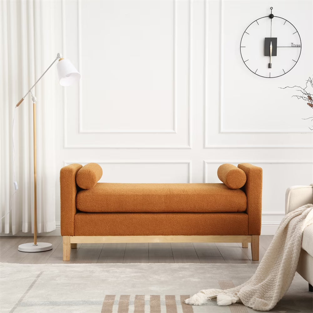 53.5"w Elegant Upholstered Bench with Wood Legs & Round Pillows, Comfy Boucle Fabric Footrest with Arms, Entryway Bench for End of Bed, Bedroom and Living Room, Ivory