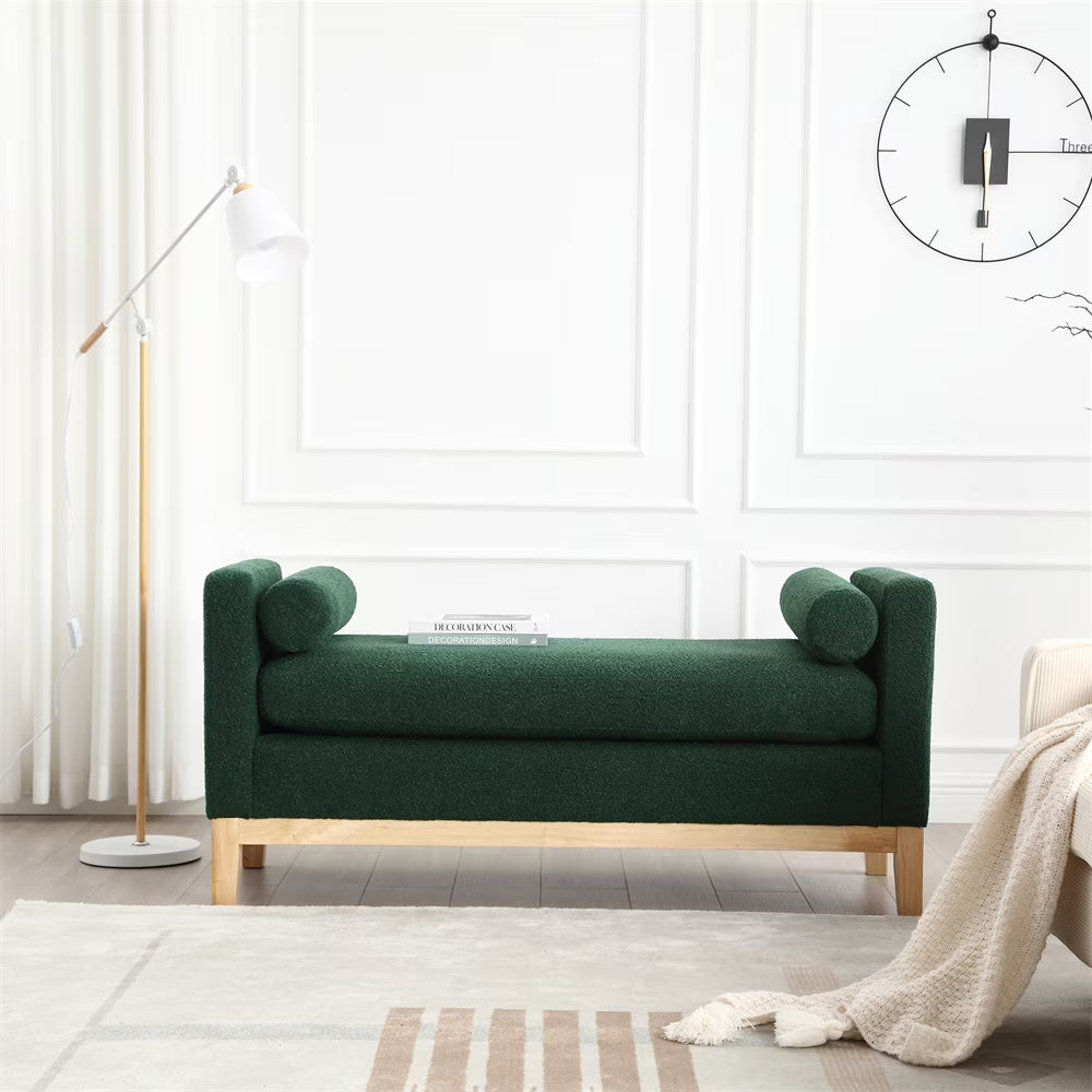 53.5"w Elegant Upholstered Bench with Wood Legs & Round Pillows, Comfy Boucle Fabric Footrest with Arms, Entryway Bench for End of Bed, Bedroom and Living Room, Ivory