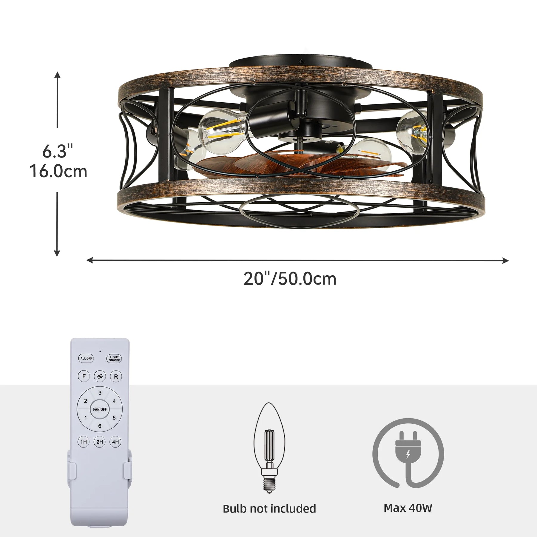 Dextrus 20" Caged Ceiling Fan with Lights and Remote Control, Rustic Farmhouse Flush Mount Design with Reversible DC Motor, 6 Speed Settings