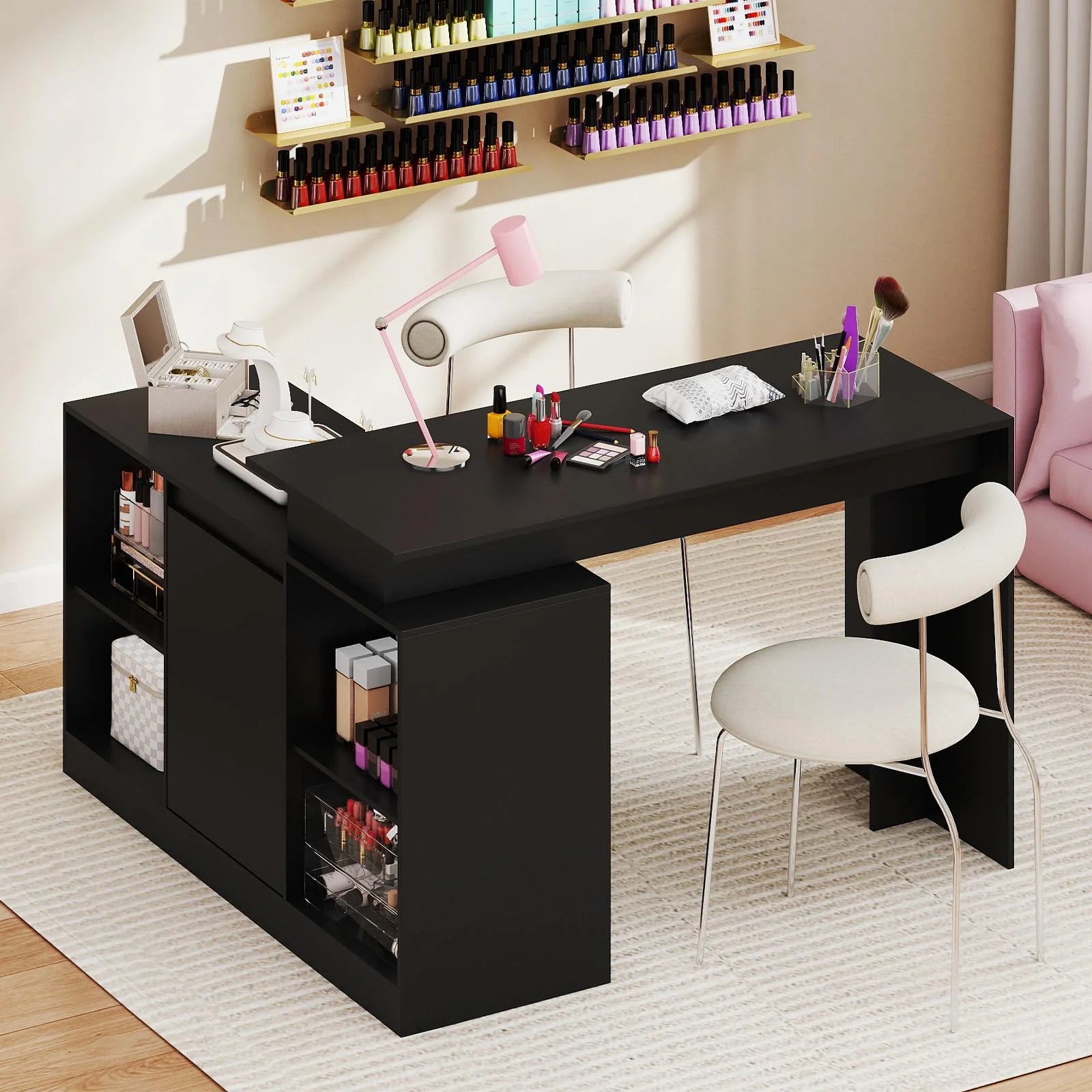 Tangkula L-Shaped 48" Reversible Corner Writing Desk with 2-Way Cabinet & 4 Storage Compartments