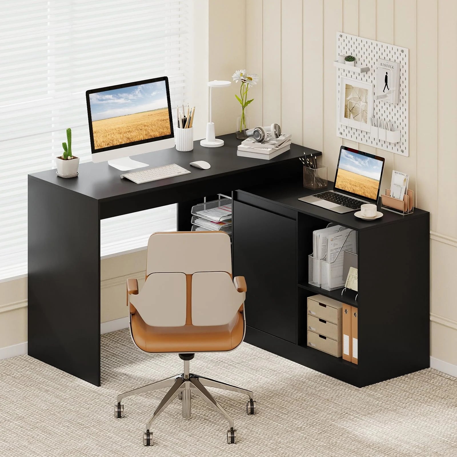 Tangkula L-Shaped 48" Reversible Corner Writing Desk with 2-Way Cabinet & 4 Storage Compartments