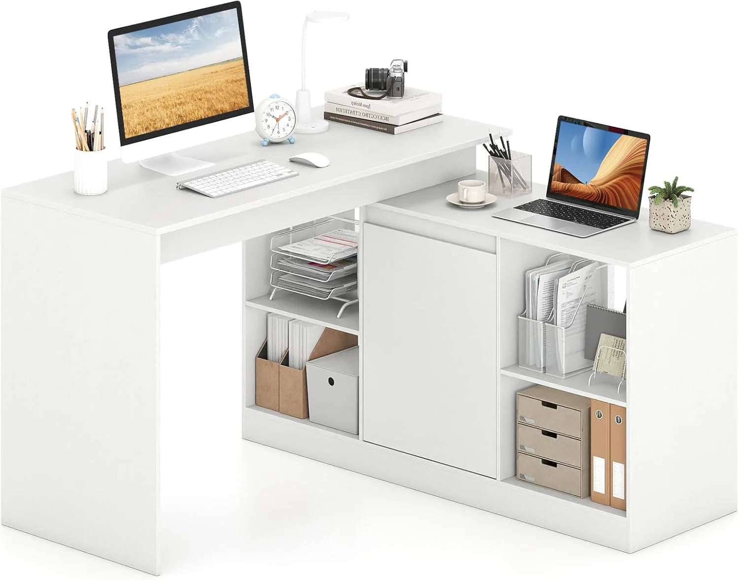 Tangkula L-Shaped 48" Reversible Corner Writing Desk with 2-Way Cabinet & 4 Storage Compartments