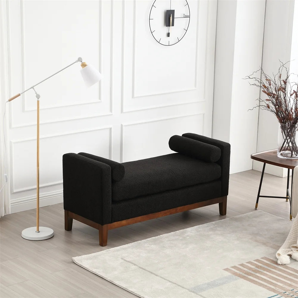 53.5"w Elegant Upholstered Bench with Wood Legs & Round Pillows, Comfy Boucle Fabric Footrest with Arms, Entryway Bench for End of Bed, Bedroom and Living Room, Ivory