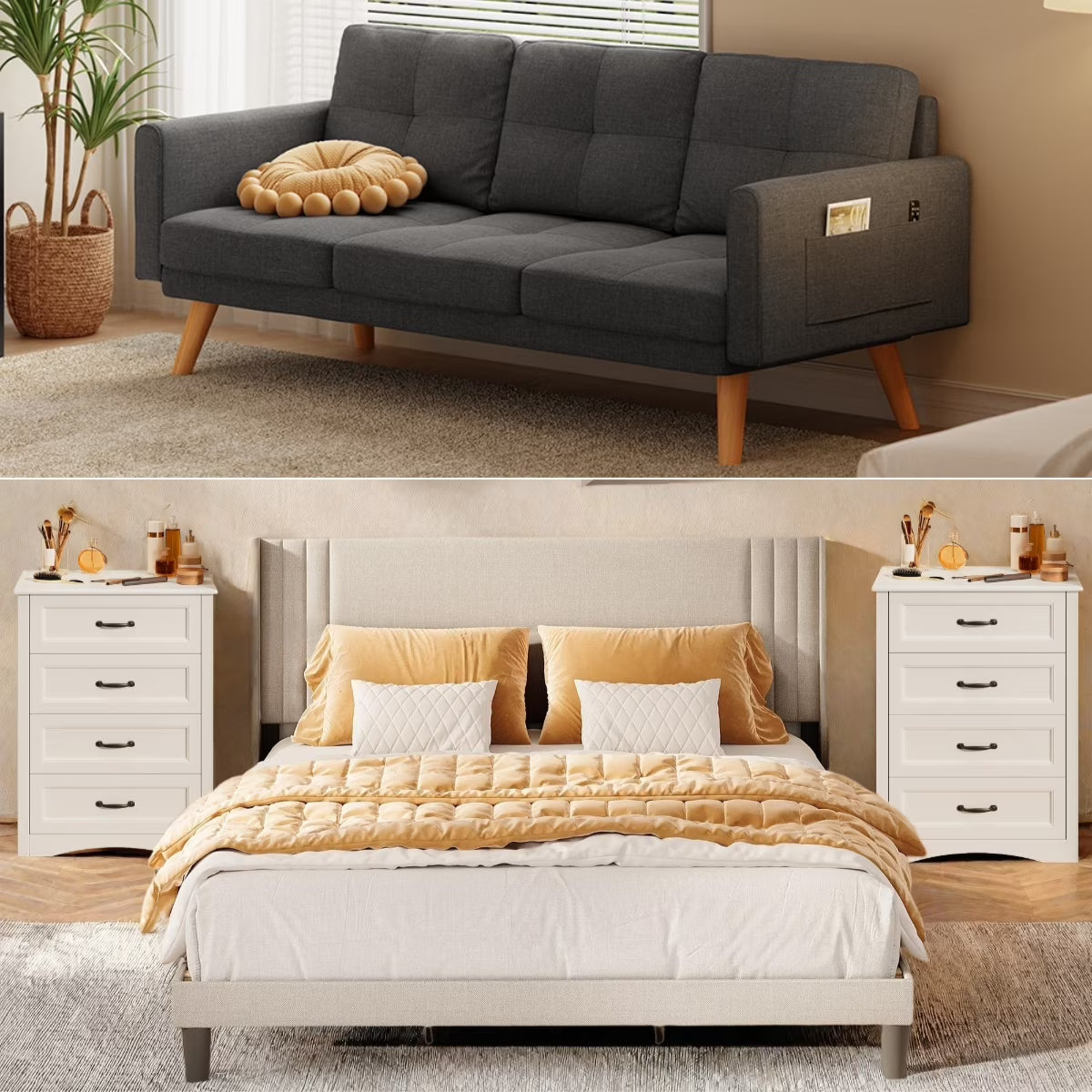 Bedroom Furniture Set Includes Queen Bed Frame, 4 Drawer Dresser Set of 2 & 3 Seat Futon Sofa Modern Storage Solution for Stylish Home Decor