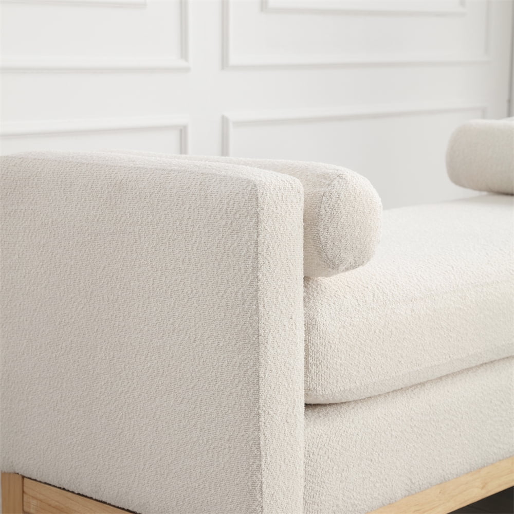 53.5"w Elegant Upholstered Bench with Wood Legs & Round Pillows, Comfy Boucle Fabric Footrest with Arms, Entryway Bench for End of Bed, Bedroom and Living Room, Ivory