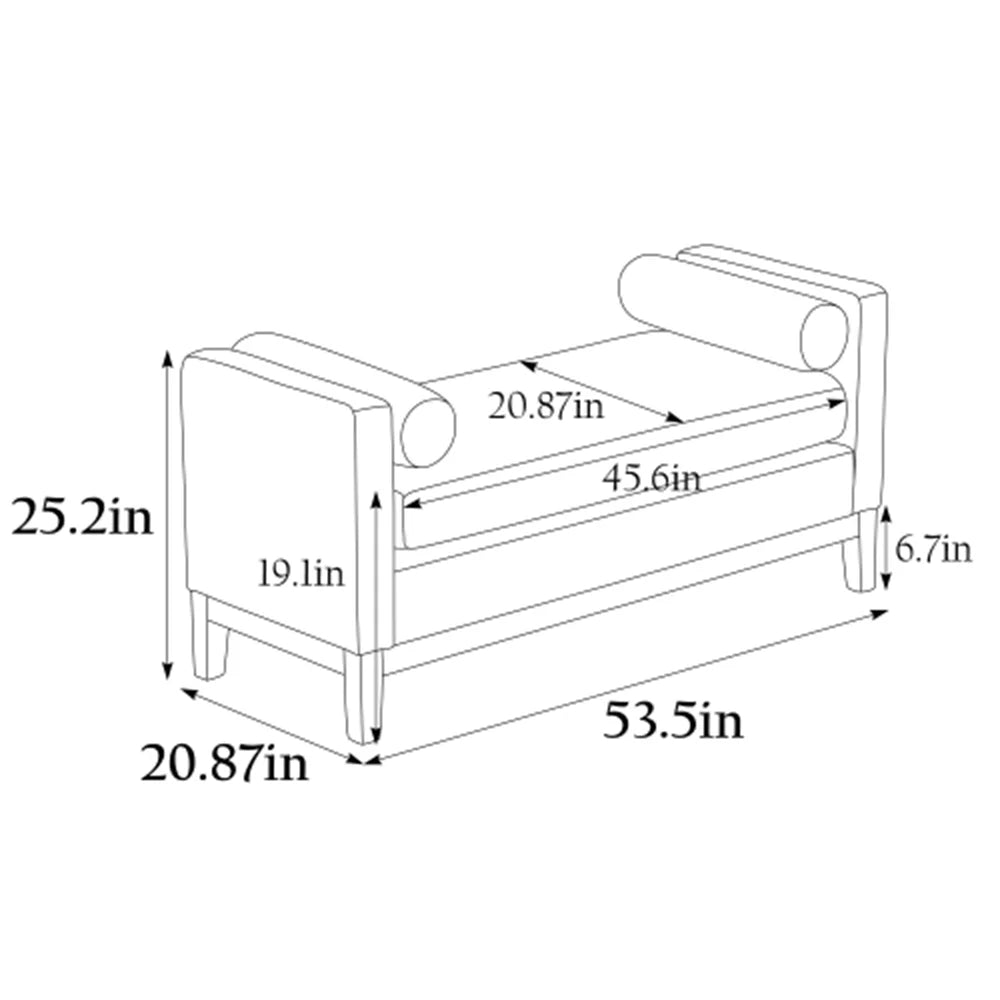53.5"w Elegant Upholstered Bench with Wood Legs & Round Pillows, Comfy Boucle Fabric Footrest with Arms, Entryway Bench for End of Bed, Bedroom and Living Room, Ivory