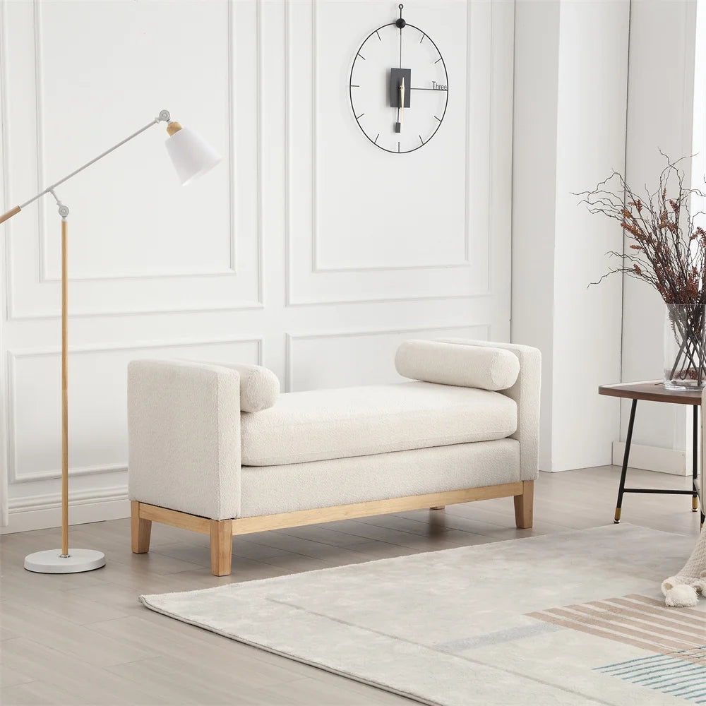 53.5"w Elegant Upholstered Bench with Wood Legs & Round Pillows, Comfy Boucle Fabric Footrest with Arms, Entryway Bench for End of Bed, Bedroom and Living Room, Ivory
