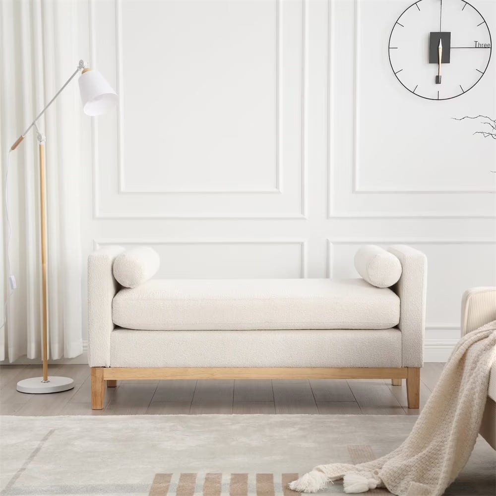 53.5"w Elegant Upholstered Bench with Wood Legs & Round Pillows, Comfy Boucle Fabric Footrest with Arms, Entryway Bench for End of Bed, Bedroom and Living Room, Ivory