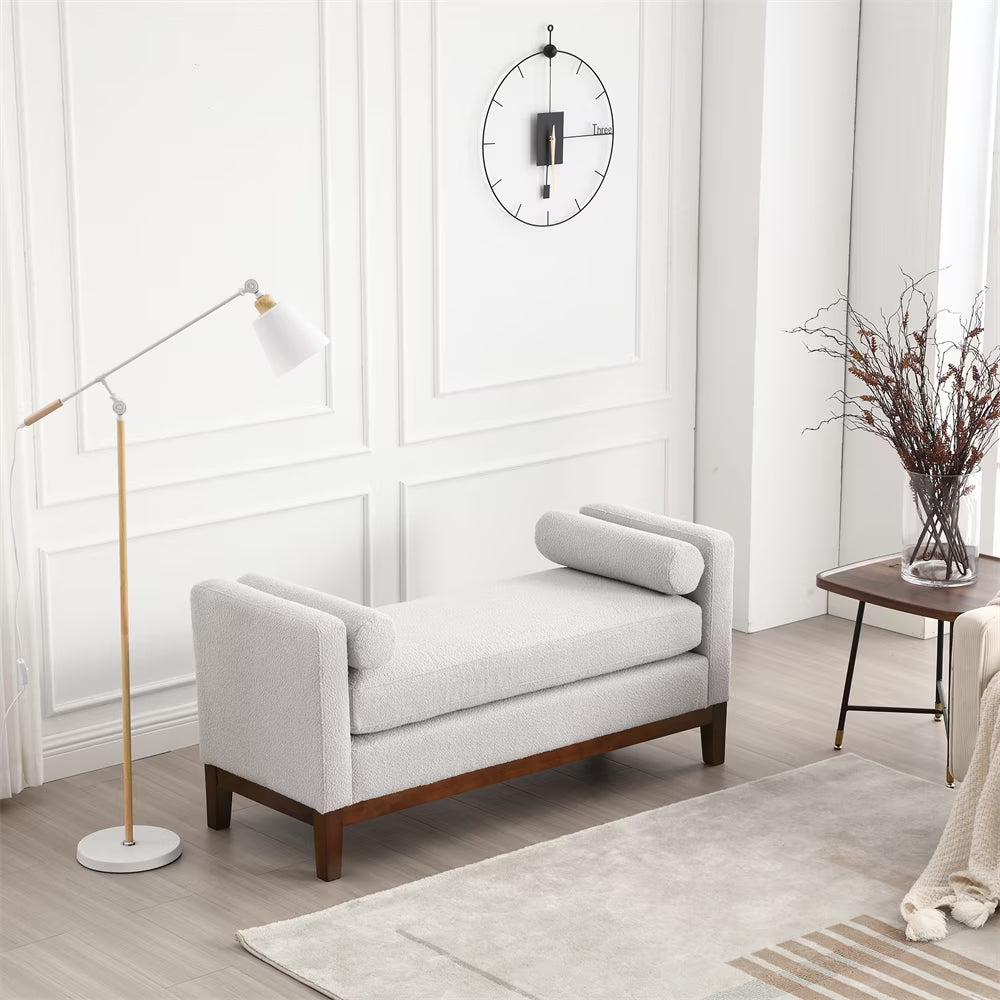 53.5"w Elegant Upholstered Bench with Wood Legs & Round Pillows, Comfy Boucle Fabric Footrest with Arms, Entryway Bench for End of Bed, Bedroom and Living Room, Ivory