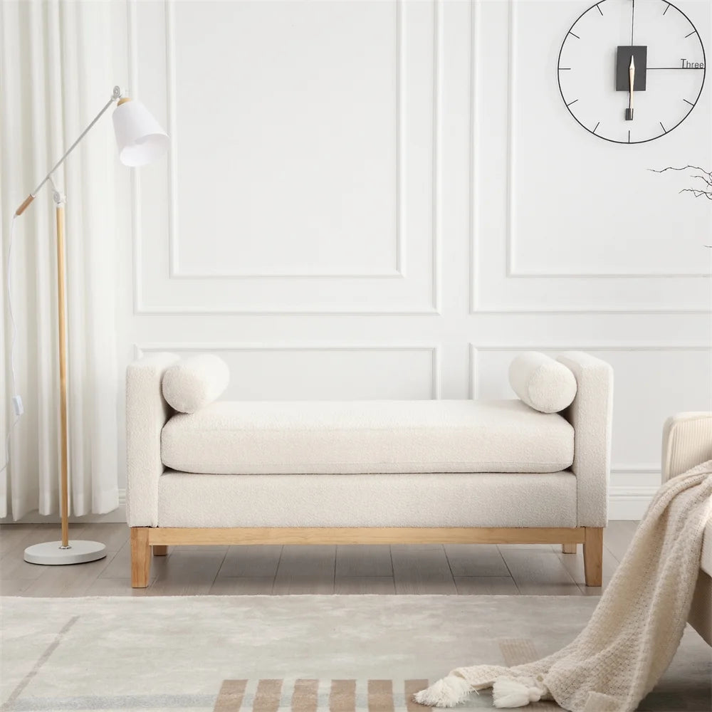 53.5"w Elegant Upholstered Bench with Wood Legs & Round Pillows, Comfy Boucle Fabric Footrest with Arms, Entryway Bench for End of Bed, Bedroom and Living Room, Ivory