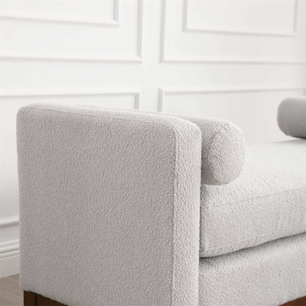 53.5"w Elegant Upholstered Bench with Wood Legs & Round Pillows, Comfy Boucle Fabric Footrest with Arms, Entryway Bench for End of Bed, Bedroom and Living Room, Ivory