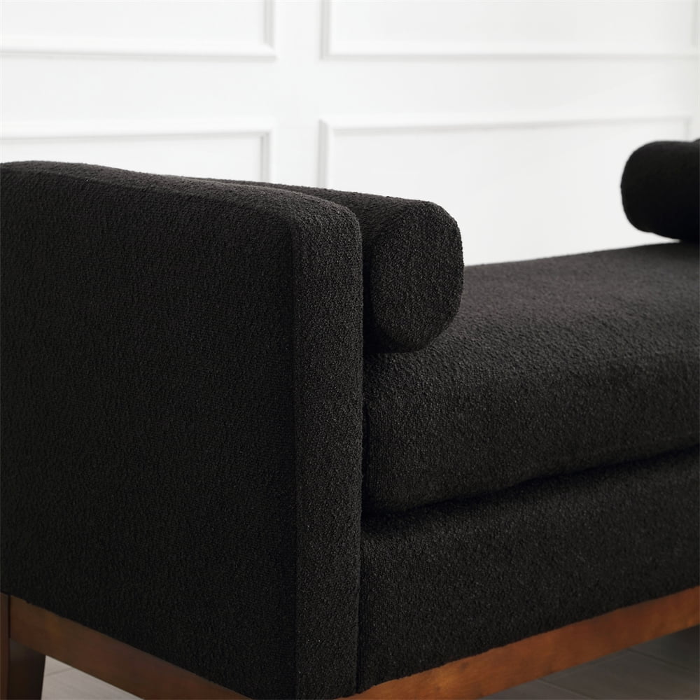 53.5"w Elegant Upholstered Bench with Wood Legs & Round Pillows, Comfy Boucle Fabric Footrest with Arms, Entryway Bench for End of Bed, Bedroom and Living Room, Ivory