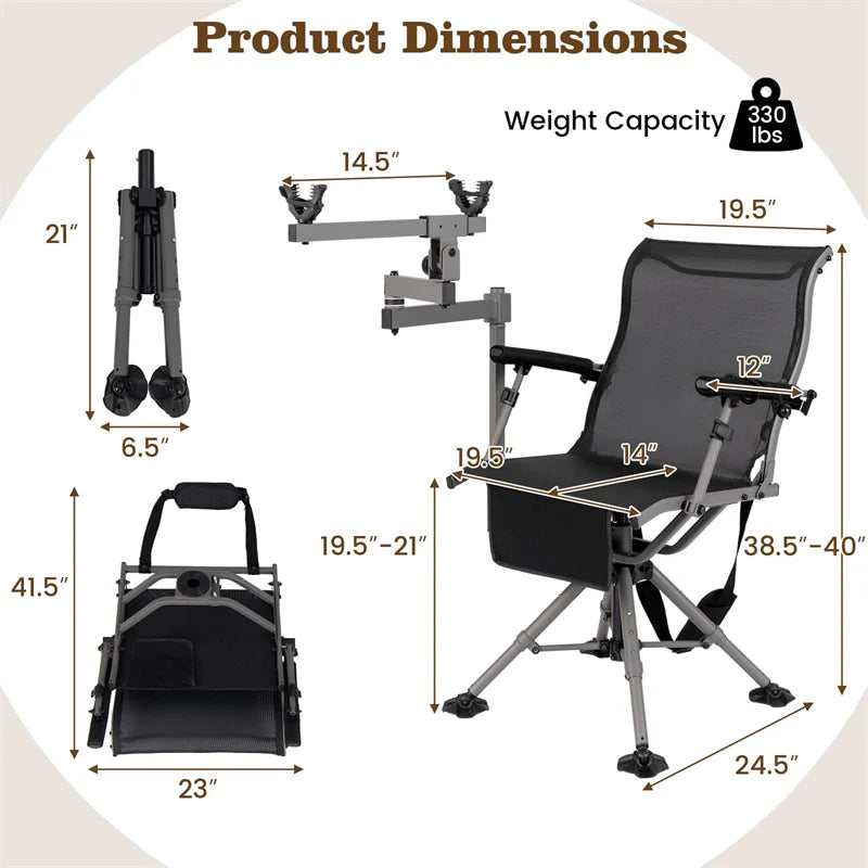360° Swivel Hunting Chair with Adjustable Equipment Rest & Armrests, Folding All-Terrain Deer Blind Chair for Outdoor Camping, 330LBS Capacity