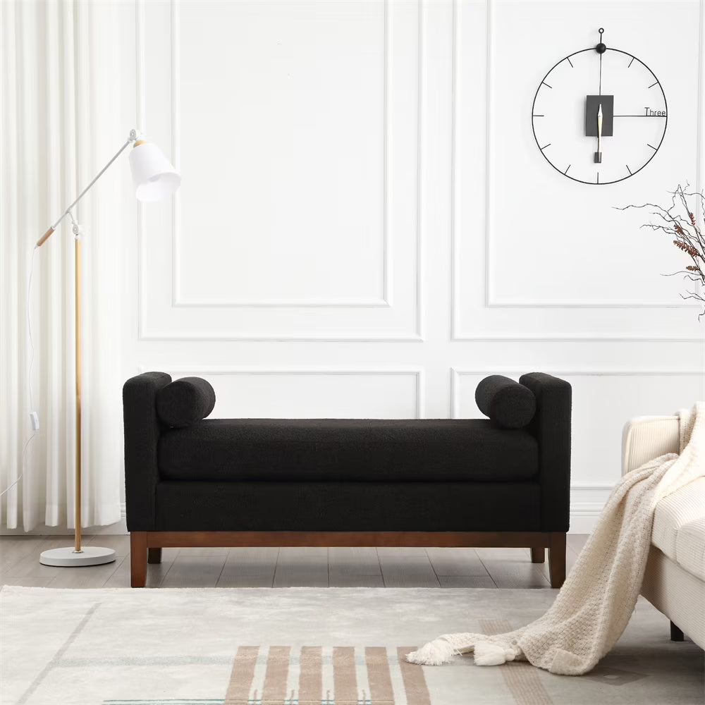 53.5"w Elegant Upholstered Bench with Wood Legs & Round Pillows, Comfy Boucle Fabric Footrest with Arms, Entryway Bench for End of Bed, Bedroom and Living Room, Ivory