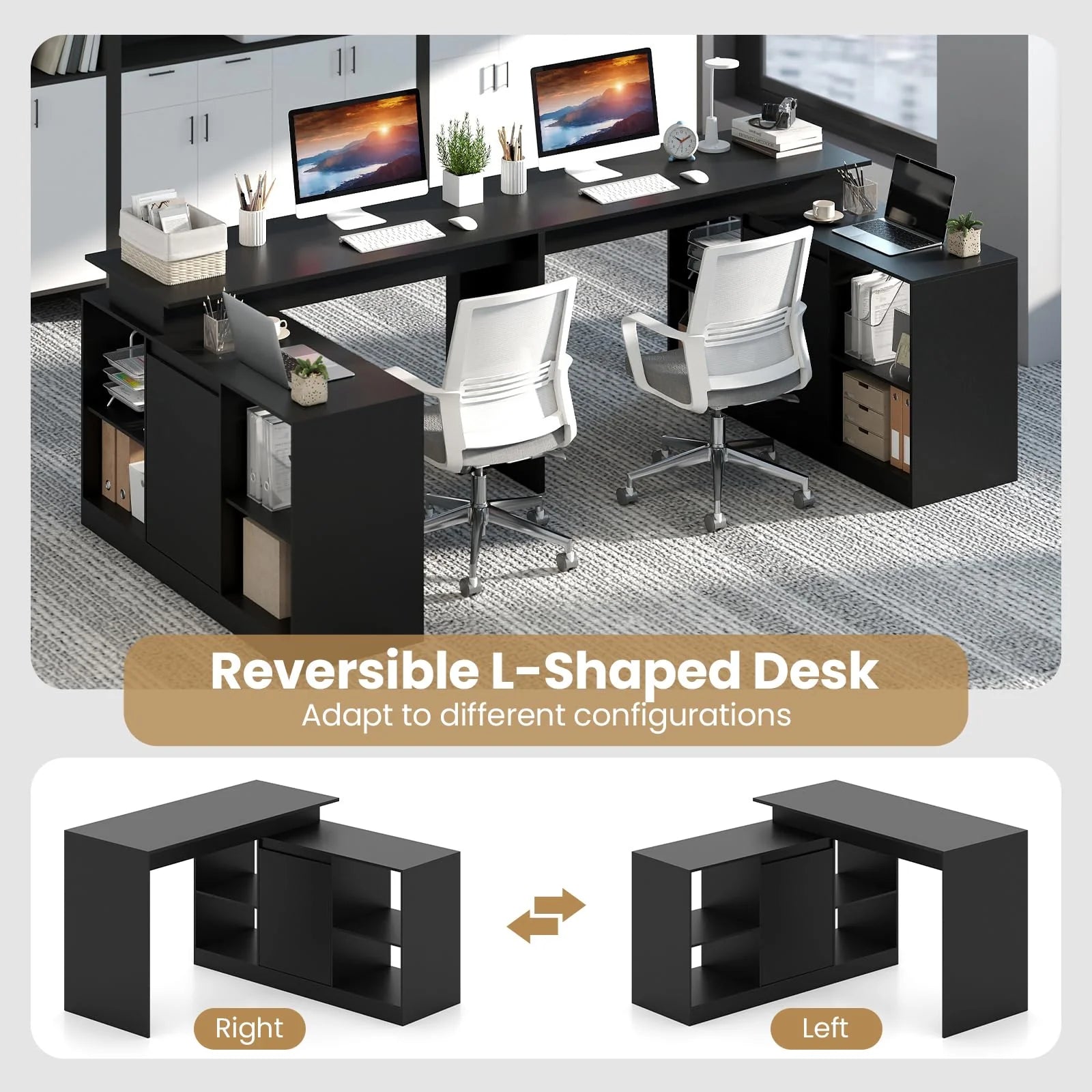 Tangkula L-Shaped 48" Reversible Corner Writing Desk with 2-Way Cabinet & 4 Storage Compartments